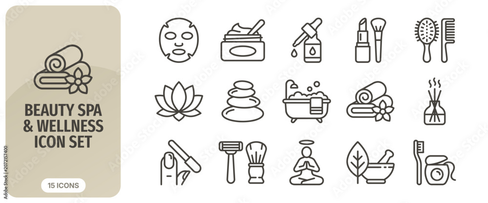 Fototapeta premium Beauty spa and wellness icon set, thin line style, vector illustration