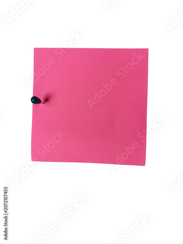 Pink square sticky note pinned with a small black push pin isolated on transparent background