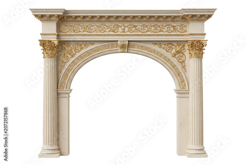 Fotografie Elegant White Marble Arch with Intricate Gold Ornamentation and Corinthian Colum