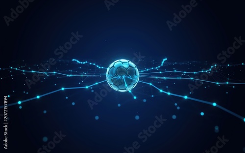 Futuristic glowing soccer ball with digital network connection lines and dots on a dark blue background representing modern sports technology