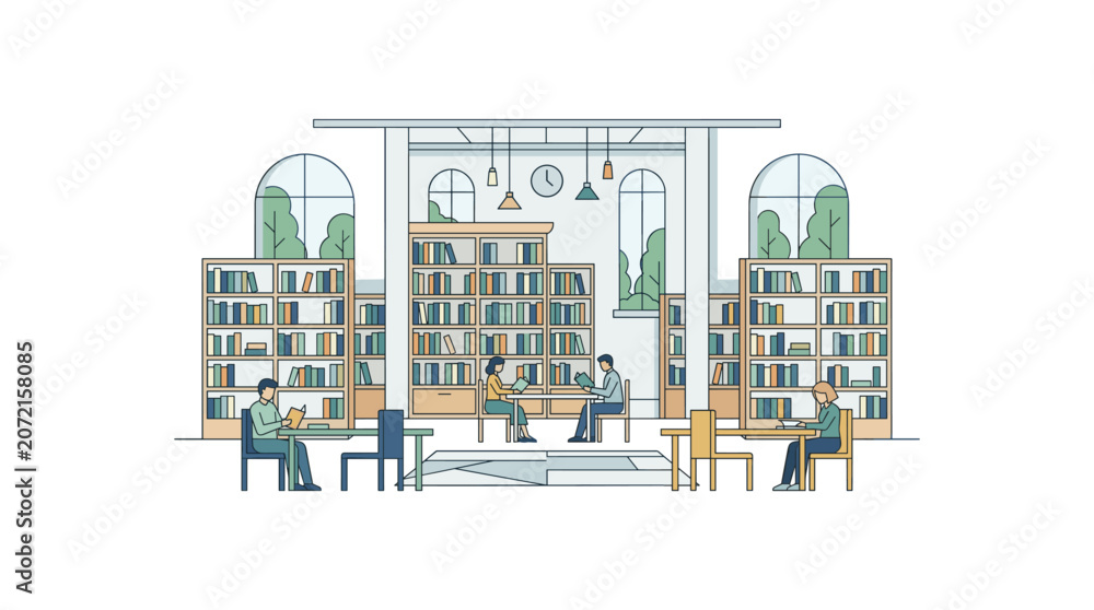 Obraz premium Modern flat line library interior illustration featuring people reading books and shelves.