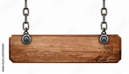 Blank Wooden Signboard Hanging On Chain Isolated On White Background