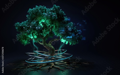 Glowing digital tree with circular light rings and neon leaves representing technology and nature connection on a dark background