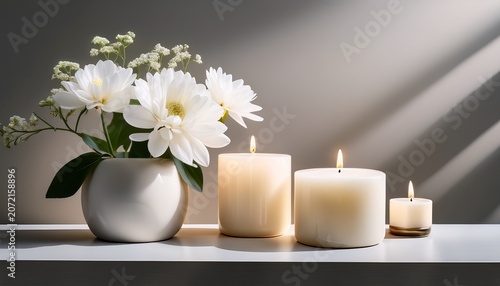 White Flowers Candles Minimalist Decor Calm Scene Peaceful Ambiance Website Banner