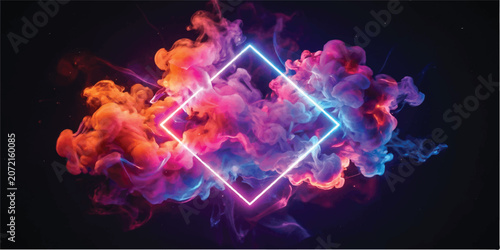 Bild auf Leinwand Abstract rhombus neon frame surrounded by ethereal smoke plumes with abstract co