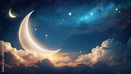 A Stunning Night Sky Featuring A Crescent Moon And Twinkling Stars With Soft Clouds Creating A Dreamy Backdrop Ideal For Ramadan Themes With Ample Space For Text