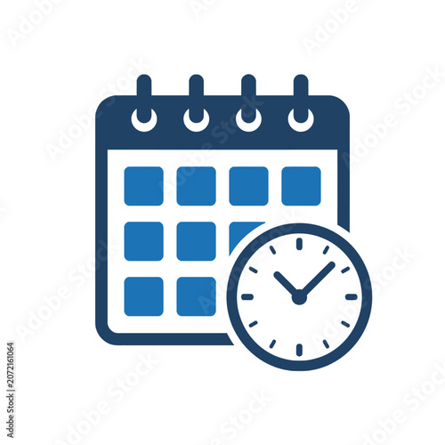A blue icon showing a calendar and a clock together
