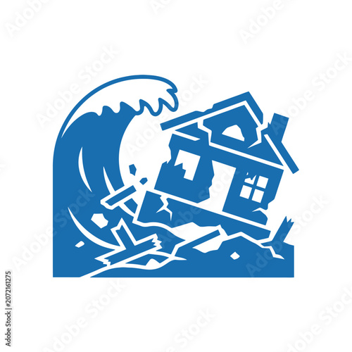 A blue icon showing a house destroyed by a large wave