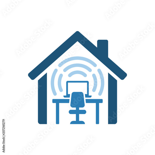 A blue icon showing a home office with wireless internet connection
