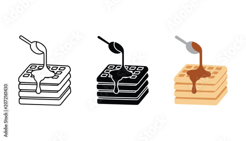 Tableau sur toile Waffle stack vector icon set with chocolate syrup pouring from spoon for breakfa