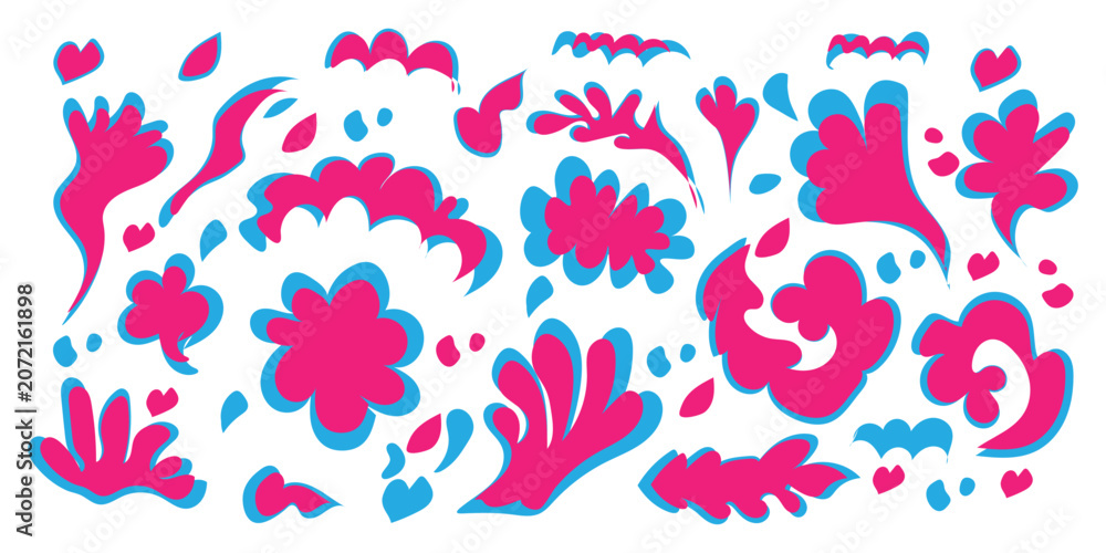 Fototapeta premium Vibrant floral pattern with pink and blue shapes on white background