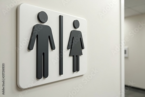 Detailed view of male and female bathroom signs on a white wall in a public restroom.