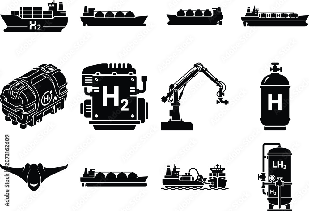 Obraz premium Collection of hydrogen fueled ship storage tank robotic arm and engine shapes on a plain surface fuel energy clean alternative