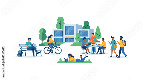 Students studying at university campus with building background in flat vector illustration.