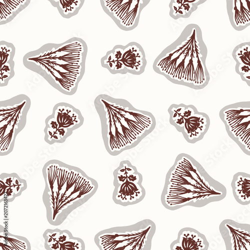 Hand drawn folk art floral seamless pattern. Flat isolated all over design vector illustration. Botanical scandi summer fall nature design style. Quirky flower block print stylish texture repeat