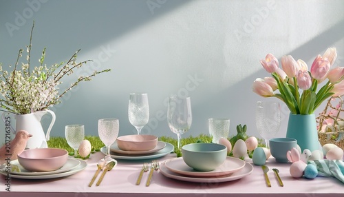 Stylish Easter Table Setting With Spring Elements Pastel Color Palette Modern Minimal Design Soft Daylight Light Background For Festive Food Presentation