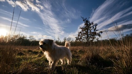A tiny fluffy dog explores a sunny expansive field under a vast blue sky