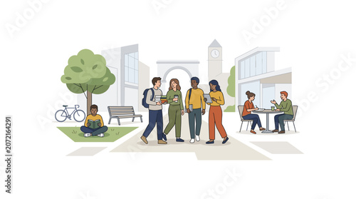 Diverse college students gathering on university campus area for outdoor study activities.