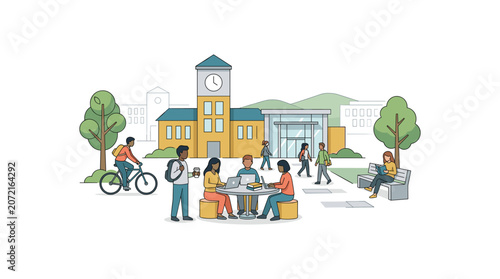 Students sitting at table using laptops on busy university campus with building background.