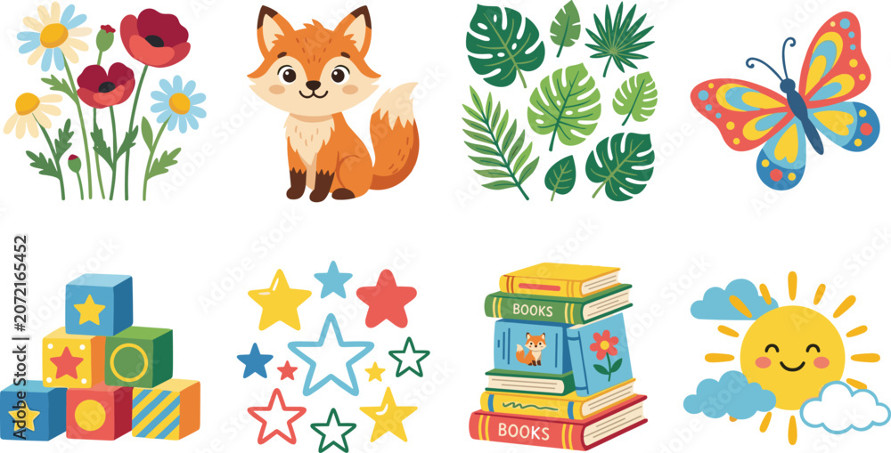 Fototapeta premium Cute cartoon vector illustration set featuring baby fox, spring flowers, reading books, building blocks, and nature elements.