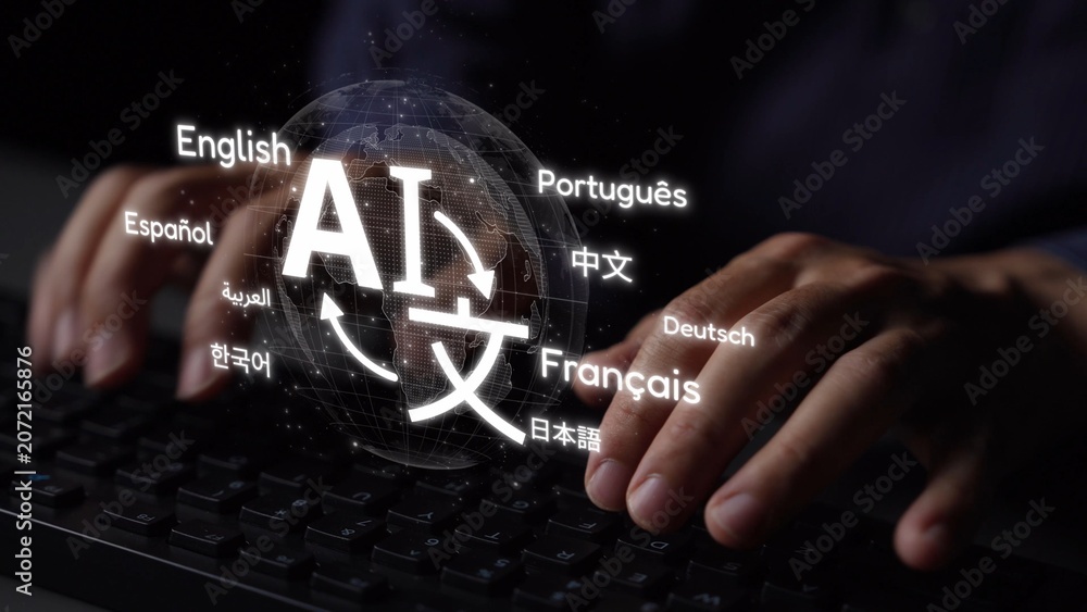 Obraz premium Global communication with multiple languages, digital translation tools, multilingual technology, cross-cultural communication, and virtual language learning environments. Muxer