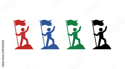 People standing on hilltops holding flags in different colors illustrating success achievement.