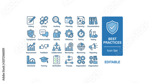 Best practices icon set featuring professional symbols for management and quality control.