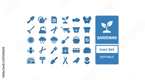 Gardening icon set showcasing various tools equipment and plant related vector graphic items.