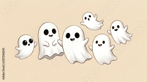 Cute Cartoon Ghosts Grouped Together with Happy Expressions