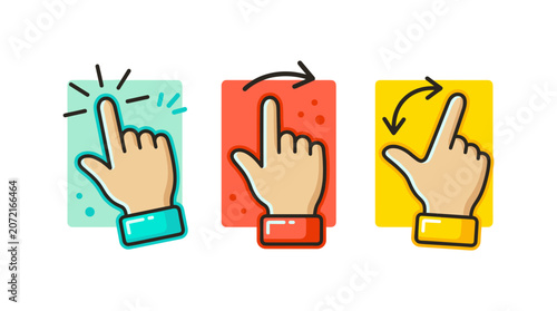 Set of colorful hand gesture icons showing touch screen interaction and navigation signs.