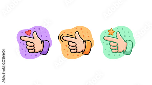 Set of hand gesture icons showing clicking and pointing actions with decorative elements.