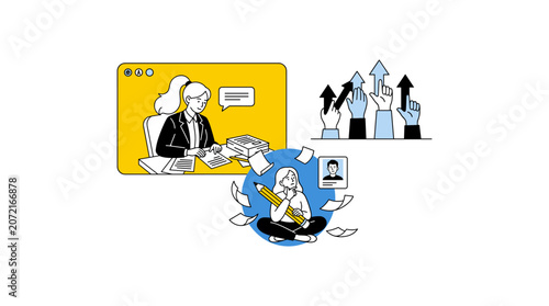 Business people engaged in office work meetings and creative brainstorming illustration set.