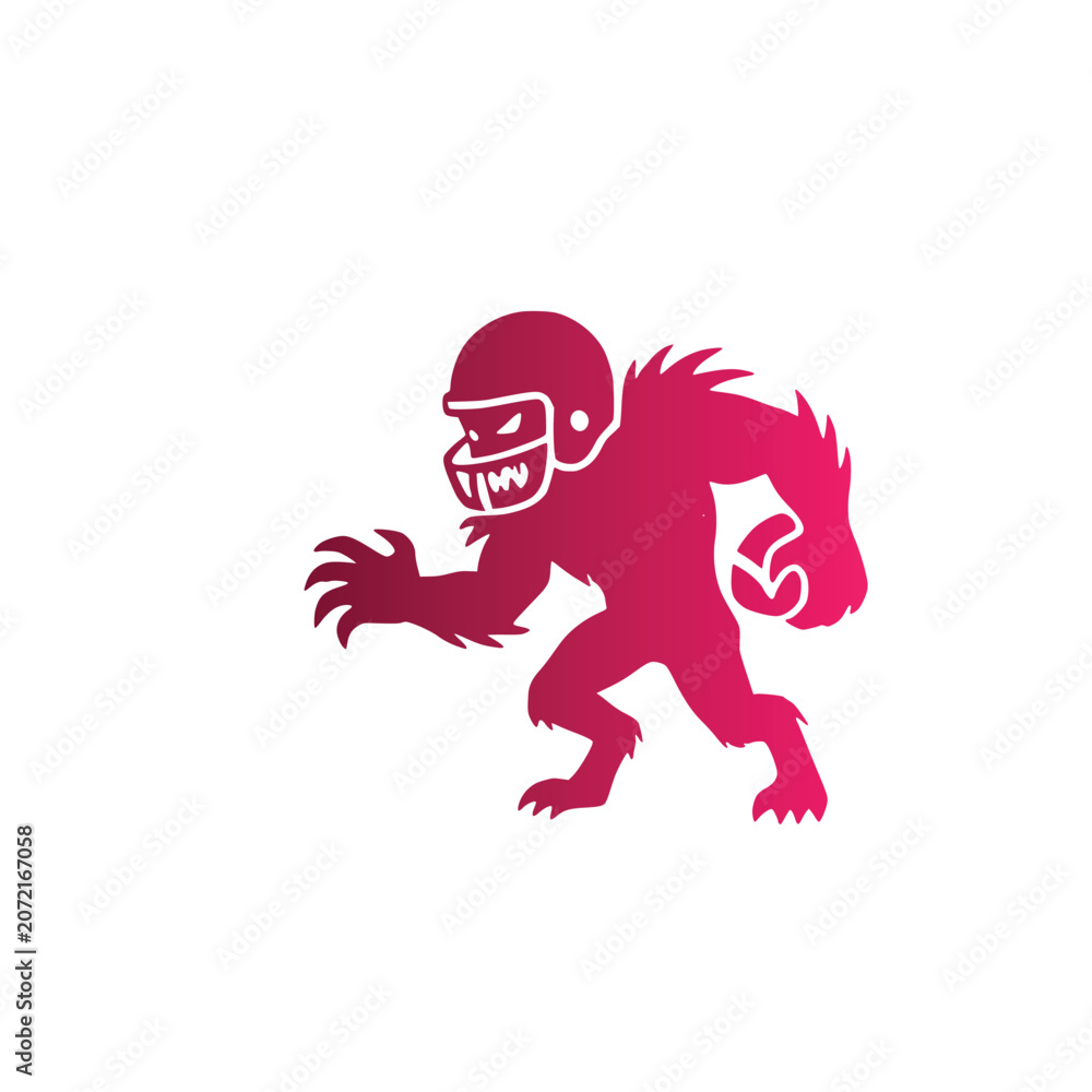 Fototapeta premium Scary Halloween American football werewolf monster wearing helmet and running with ball pink silhouette vector icon for spooky sports holiday graphic design