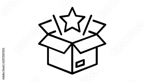 Clean flat vector line icon depicting a box lid lifting for unboxing, suitable for online shop onboarding, parcel tracking, gift guides, and product reveal layouts.