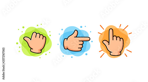Set of colorful hand gesture icons with thumbs up pointing and touching isolated symbols.