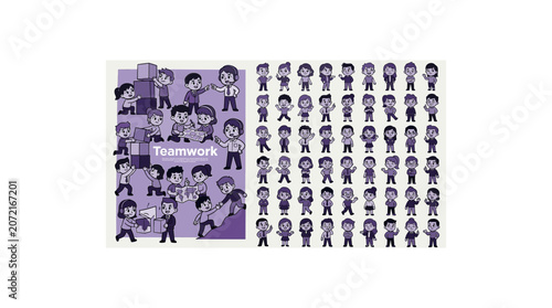 Corporate teamwork character set with diverse business people illustrations and icons set.