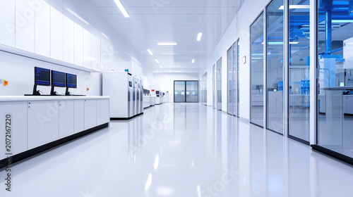 Modern laboratory interior featuring sleek white cabinets, multiple computer monitors, and glass partitions, creating clean and organized