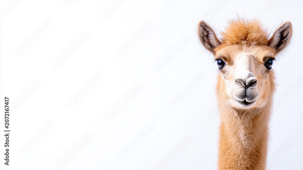 Fototapeta premium Llama with fluffy fur and expressive eyes, standing against white background, exuding calm and friendly demeanor