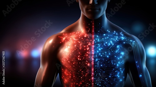 Human body illuminated by digital neural pathways. Neural network, machine learning, cognitive computing, intelligence and futuristic technology concept