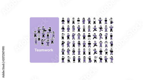Diverse business team character collection showing office professionals in group settings.