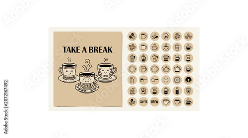 Set of coffee icons and cute cups illustration for cafe or breakfast menu design concept.