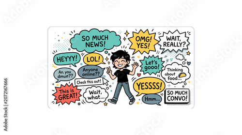 Communication concept illustration with speech bubbles surrounding happy young character.