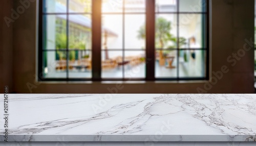 Empty White Marble Stone Table Top And Blur Glass Window Interior Cafe And Restaurant Banner Mock Up Abstract Background Can Used For Display Or Montage Your Products