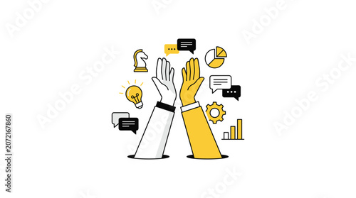 Conceptual illustration of teamwork showing two hands high five with icons for success.