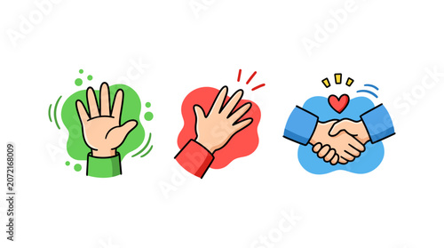 Hand gesture icons set showing palm wave and handshake for social communication concepts.