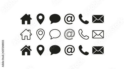 Contact icon set featuring house location speech bubble email and phone symbols for web.