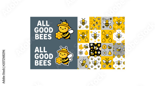 Bee themed pattern design and logo character set with honeycomb and floral plant elements.