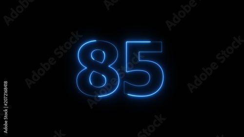 Abstract beautiful blue neon 85 number icon illustration background. Glowing neon countdown number sign background.