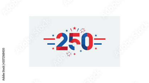 Patriotic number two hundred fifty logo design with red and blue stripes and star motifs.