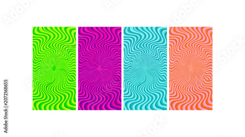 Set of four colorful psychedelic patterns with a spiral effect and wavy lines.